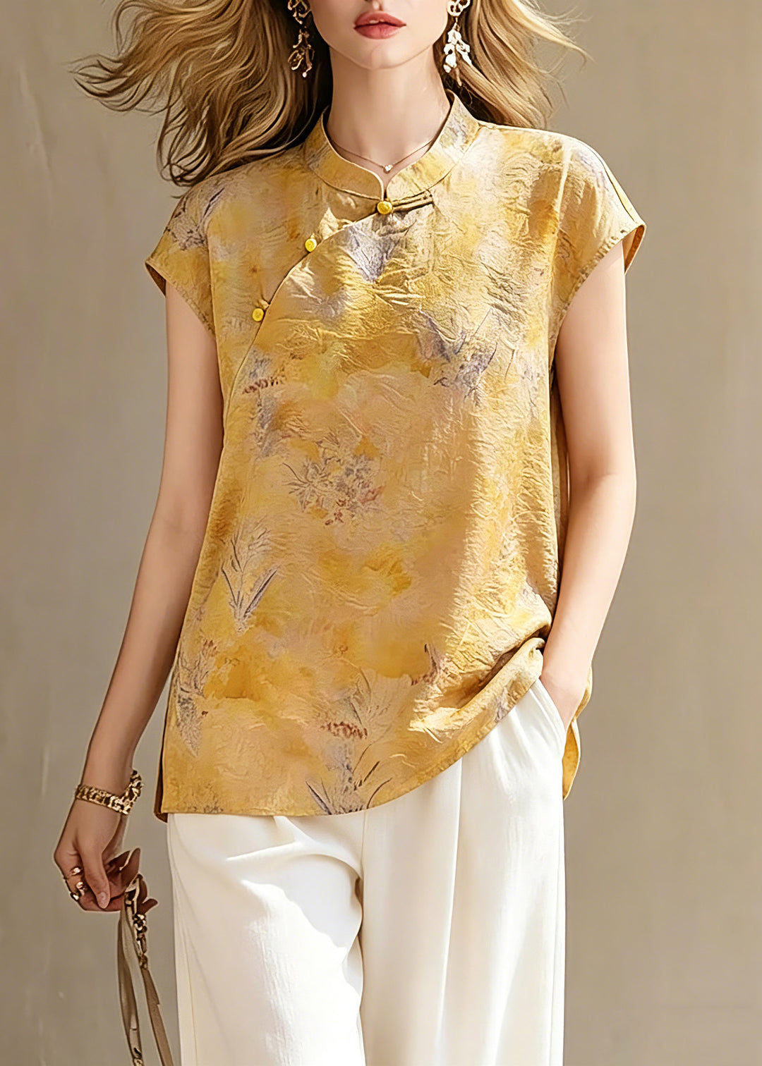 Handmade Yellow Print Button Shirts Short Sleeve