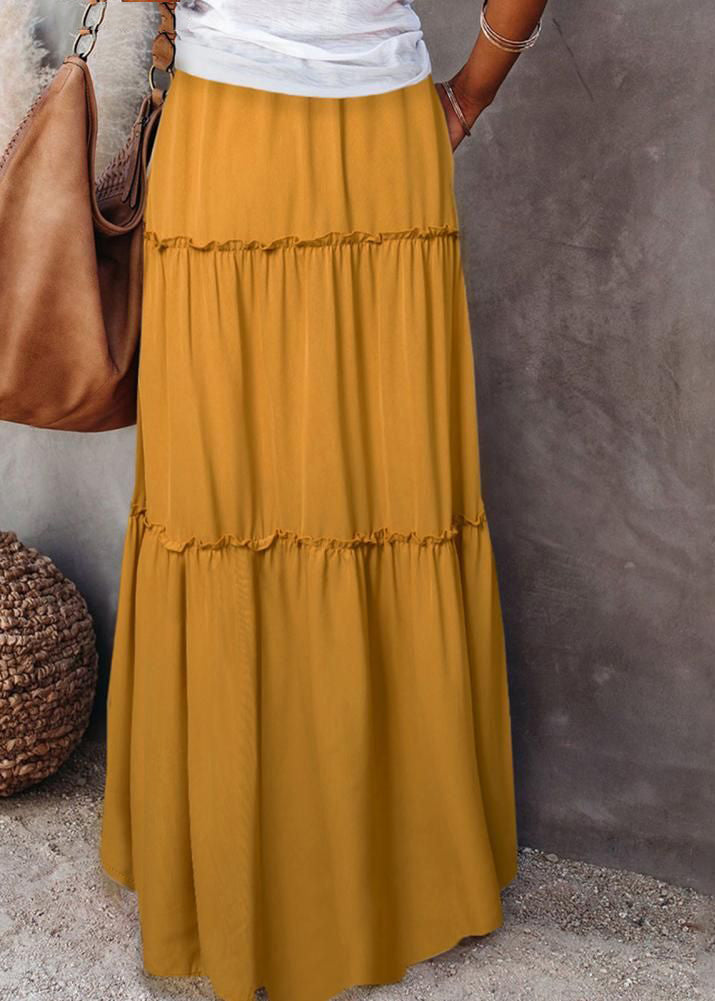 Handmade Yellow Ruffled Patchwork Elastic Waist Maxi Skirt Summer