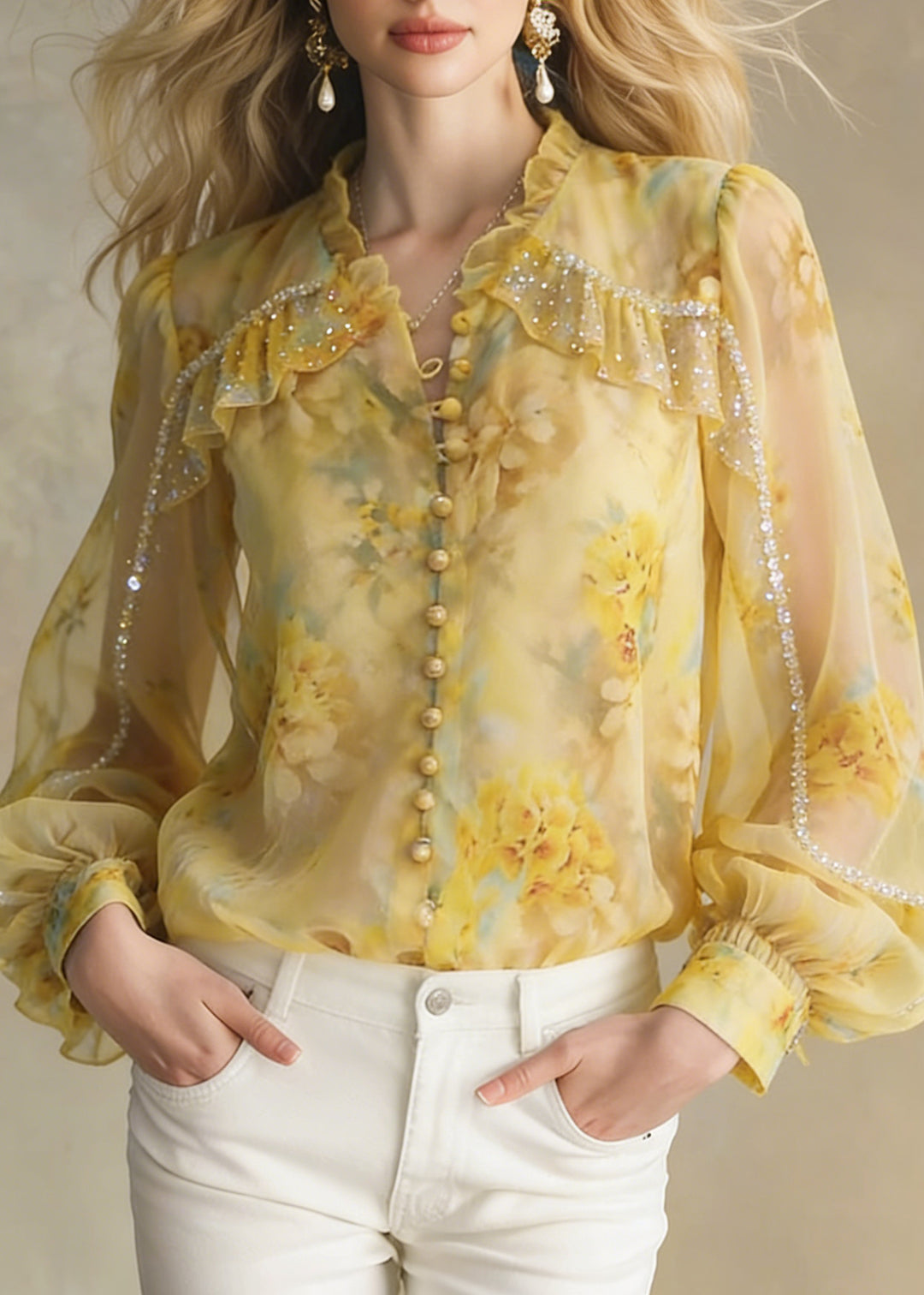 Handmade Yellow Ruffled Zircon Chiffon Button Shirt Spring