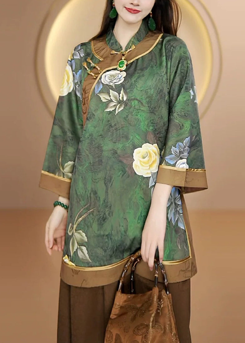 Handmade Yellow Stand Collar Print Silk Blouse Top Fall