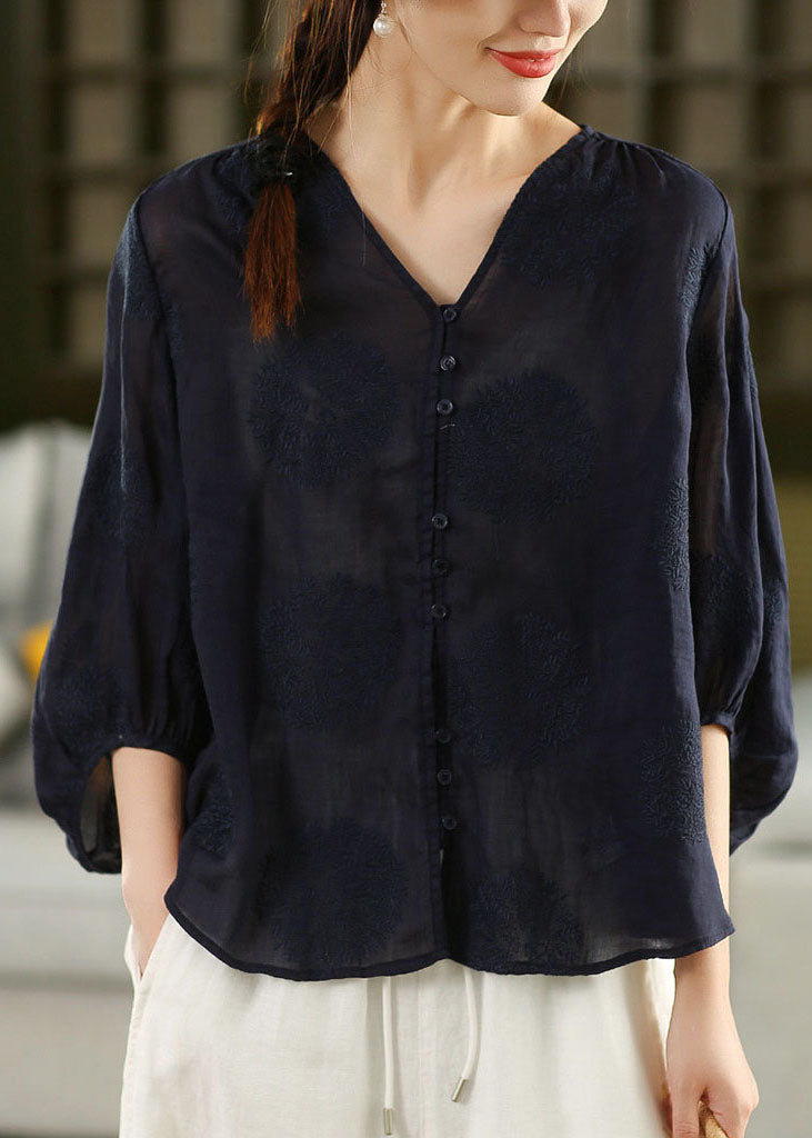 Handmade Yellow V Neck Embroidered Linen Blouse Top Summer