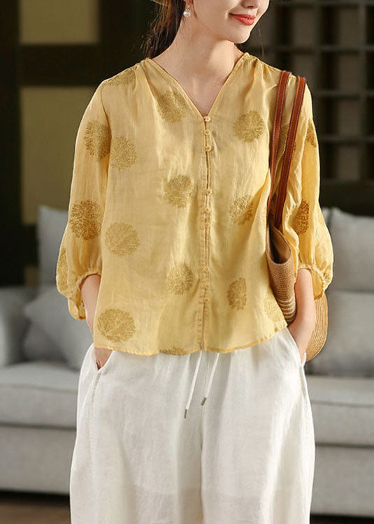 Handmade Yellow V Neck Embroidered Linen Blouse Top Summer