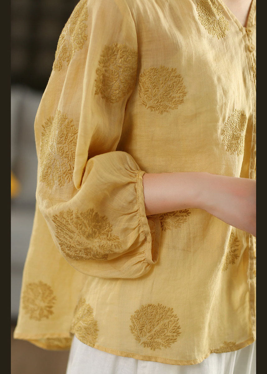 Handmade Yellow V Neck Embroidered Linen Blouse Top Summer