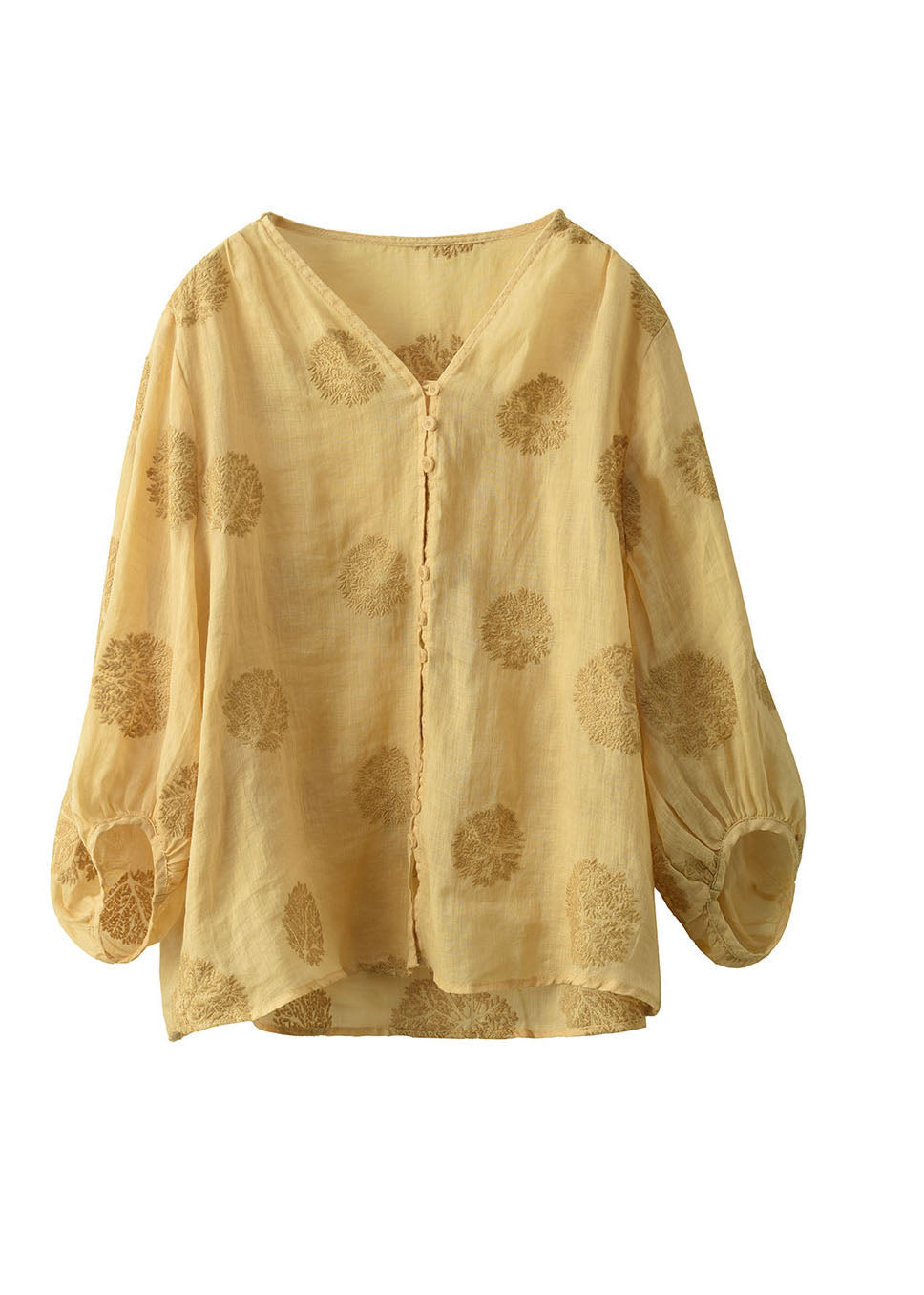 Handmade Yellow V Neck Embroidered Linen Blouse Top Summer
