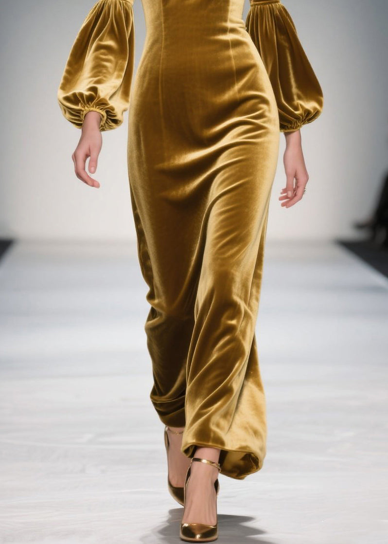 Handmade Yellow V Neck Floral Velvet Long Dresses Fall