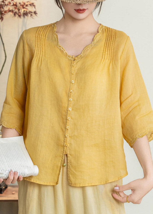 Handmade Yellow V Neck Patchwork Button Solid Linen T Shirts Fall
