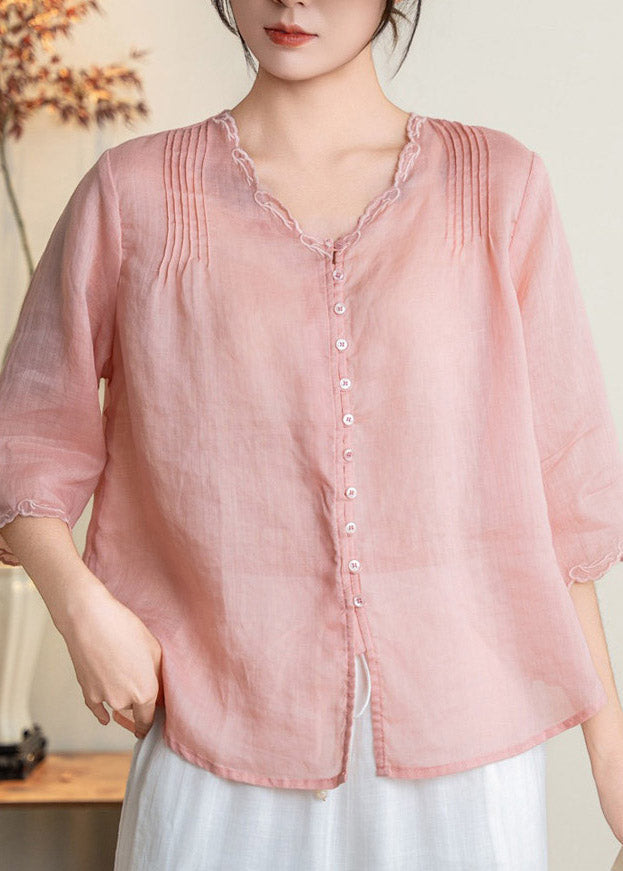 Handmade Yellow V Neck Patchwork Button Solid Linen T Shirts Fall