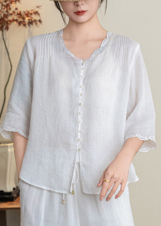 Handmade Yellow V Neck Patchwork Button Solid Linen T Shirts Fall