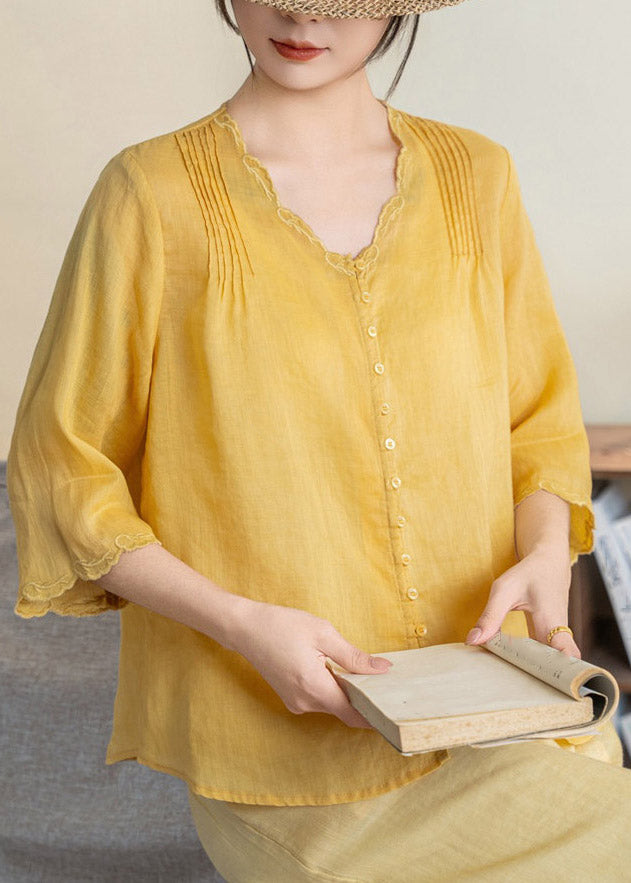 Handmade Yellow V Neck Patchwork Button Solid Linen T Shirts Fall