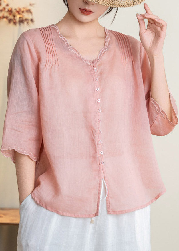 Handmade Yellow V Neck Patchwork Button Solid Linen T Shirts Fall