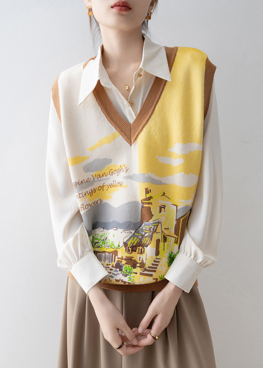 Handmade Yellow V Neck Print Knit Vests Spring