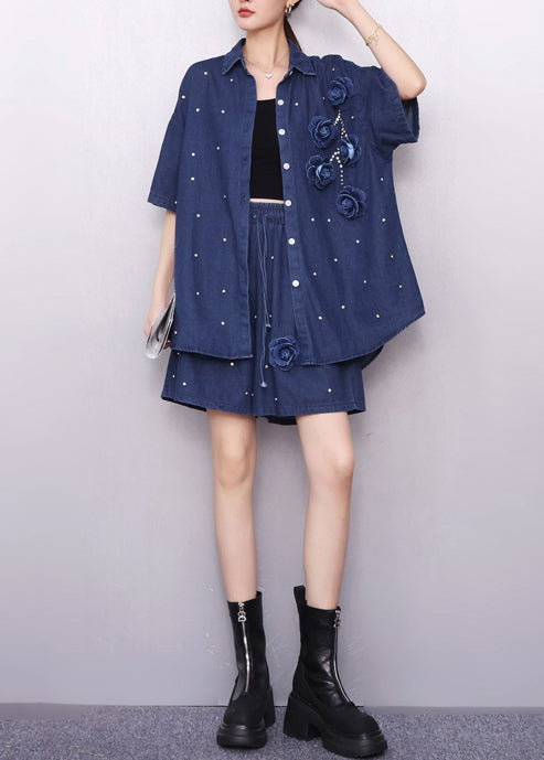 Handsome Navy Embroidered Floral Nail Bead Two Piece Set Summer