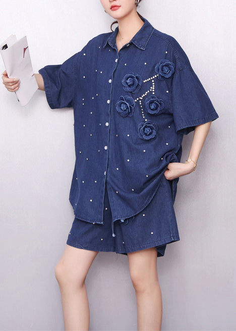 Handsome Navy Embroidered Floral Nail Bead Two Piece Set Summer