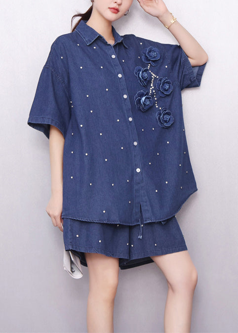 Handsome Navy Embroidered Floral Nail Bead Two Piece Set Summer