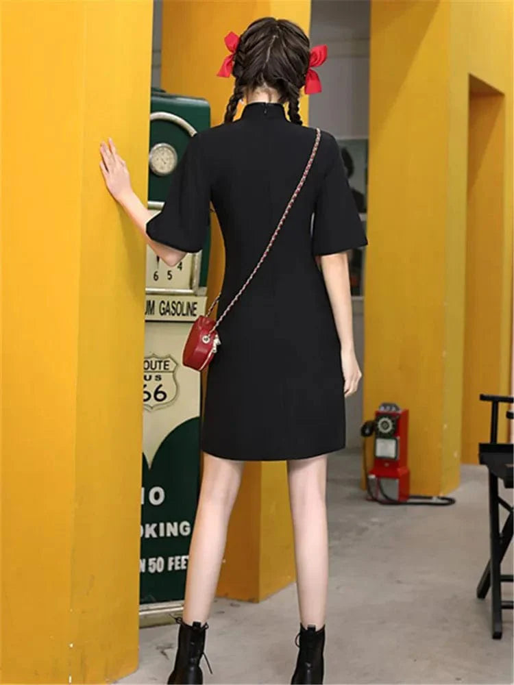Summer Black Floral Print Cheongsam Dress Short Sleeve