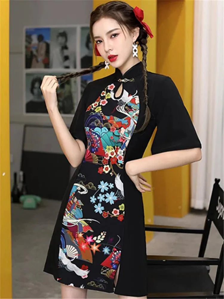 Summer Black Floral Print Cheongsam Dress Short Sleeve