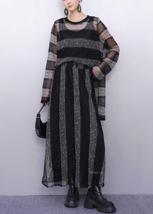 Heer Elegance Black And Silver Striped Knit Two Pieces Set