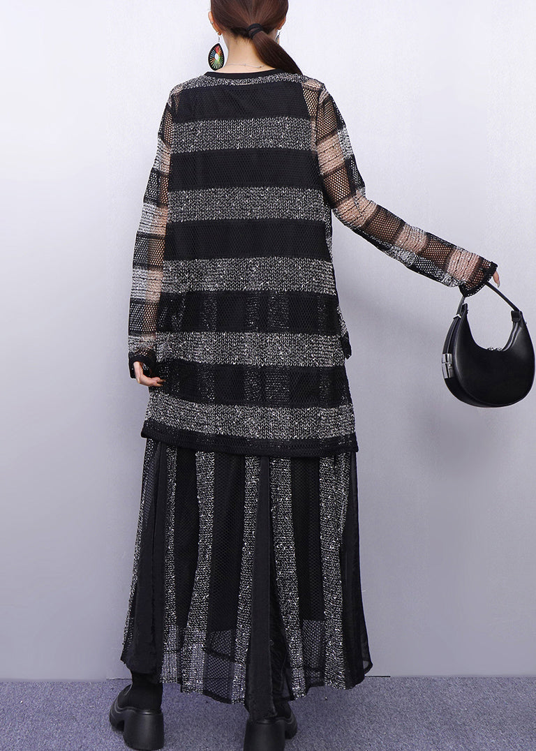 Heer Elegance Black And Silver Striped Knit Two Pieces Set