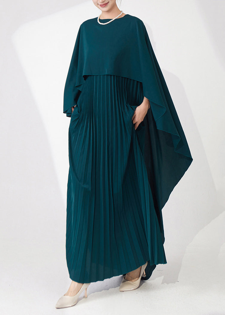 High Quality Teal Cape-Style Wrinkled Chiffon Party Dress Fall