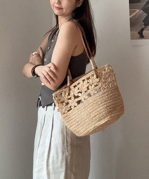 Holiday Beach Khaki Hollowed Out Floral Shoulder Bag