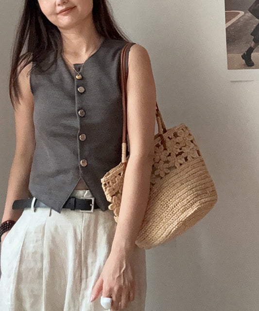 Holiday Beach Khaki Hollowed Out Floral Shoulder Bag