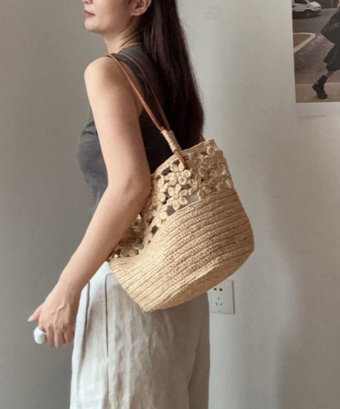 Holiday Beach Khaki Hollowed Out Floral Shoulder Bag