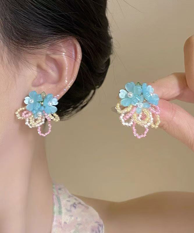Holiday Blue Alloy Floral Crystal Beading Stud Earrings