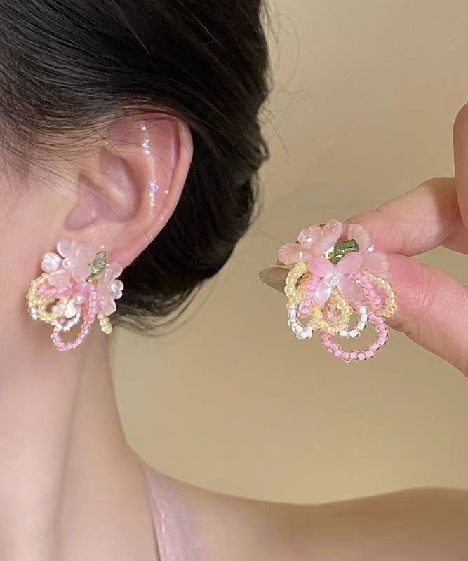 Holiday Blue Alloy Floral Crystal Beading Stud Earrings