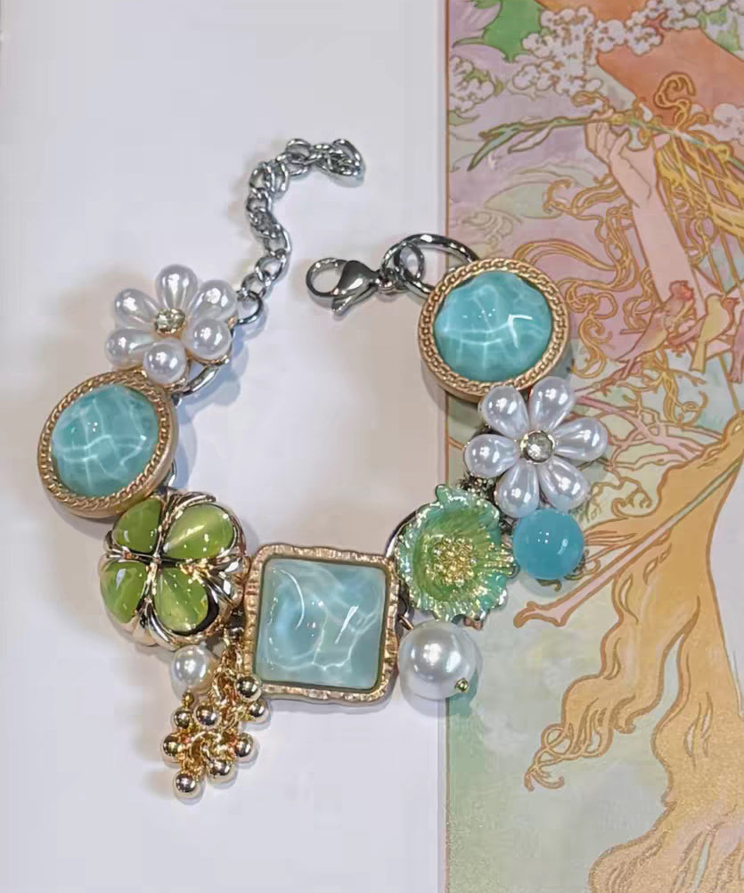 Holiday Colorblock Stainless Steel Floral Pearl Tassel Charm Bracelet