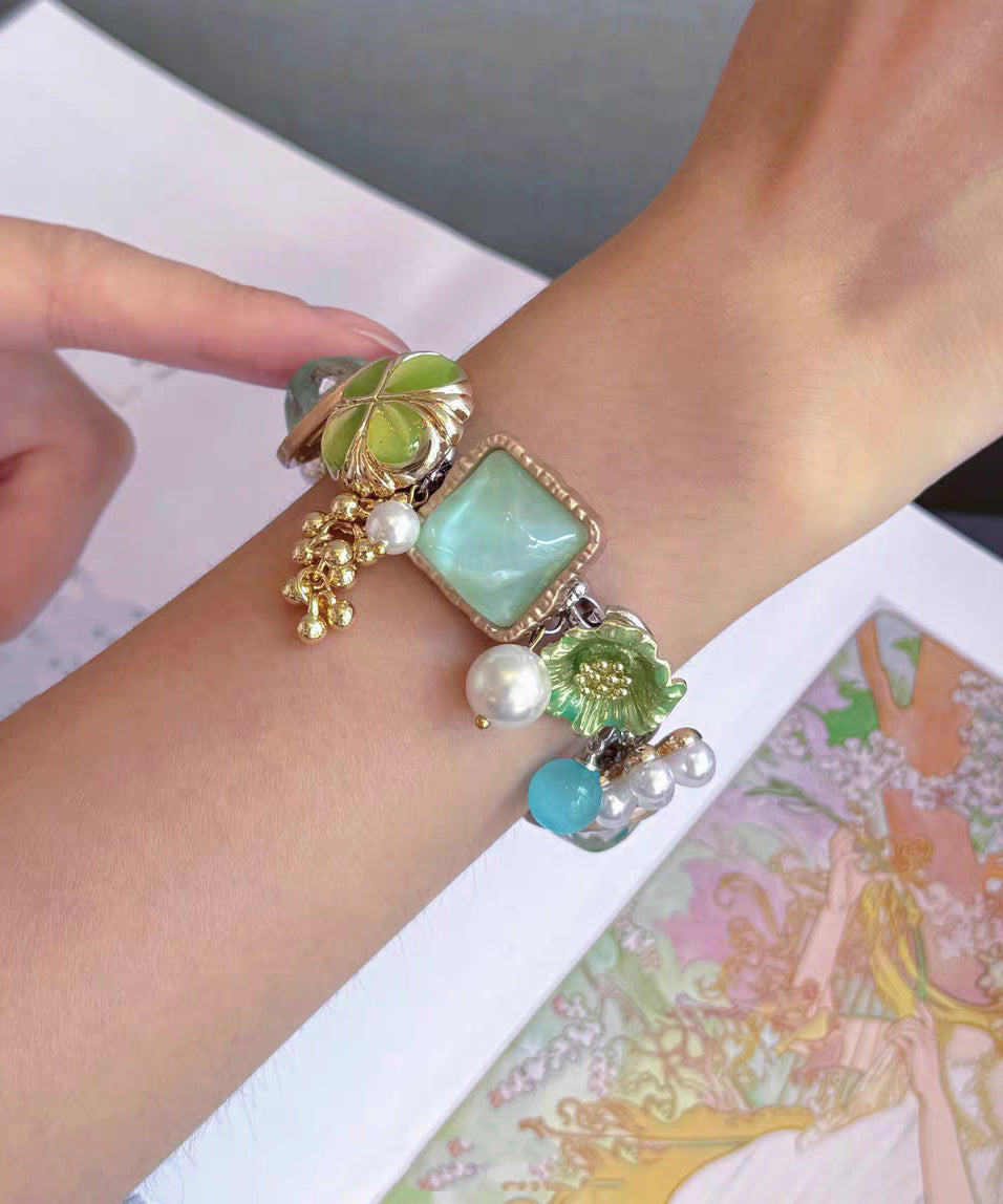 Holiday Colorblock Stainless Steel Floral Pearl Tassel Charm Bracelet