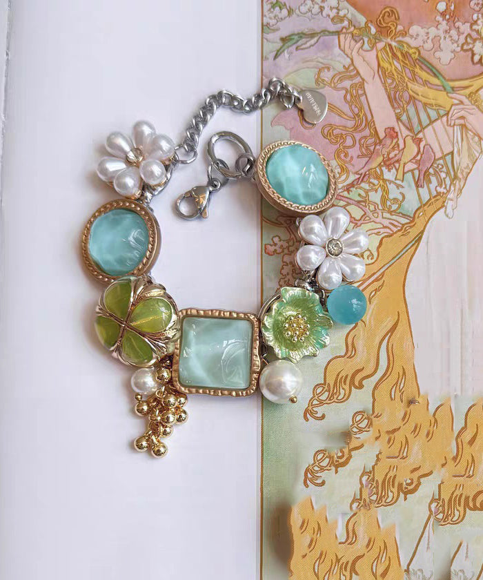 Holiday Colorblock Stainless Steel Floral Pearl Tassel Charm Bracelet