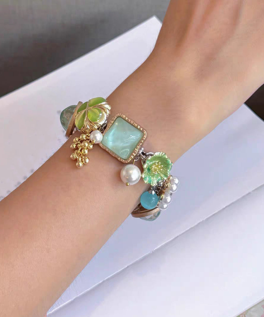 Holiday Colorblock Stainless Steel Floral Pearl Tassel Charm Bracelet