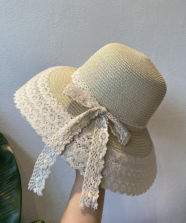 Holiday Style Beige Lace Bow Straw Woven Bucket Hat