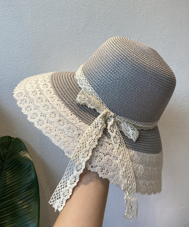 Holiday Style Beige Lace Bow Straw Woven Bucket Hat