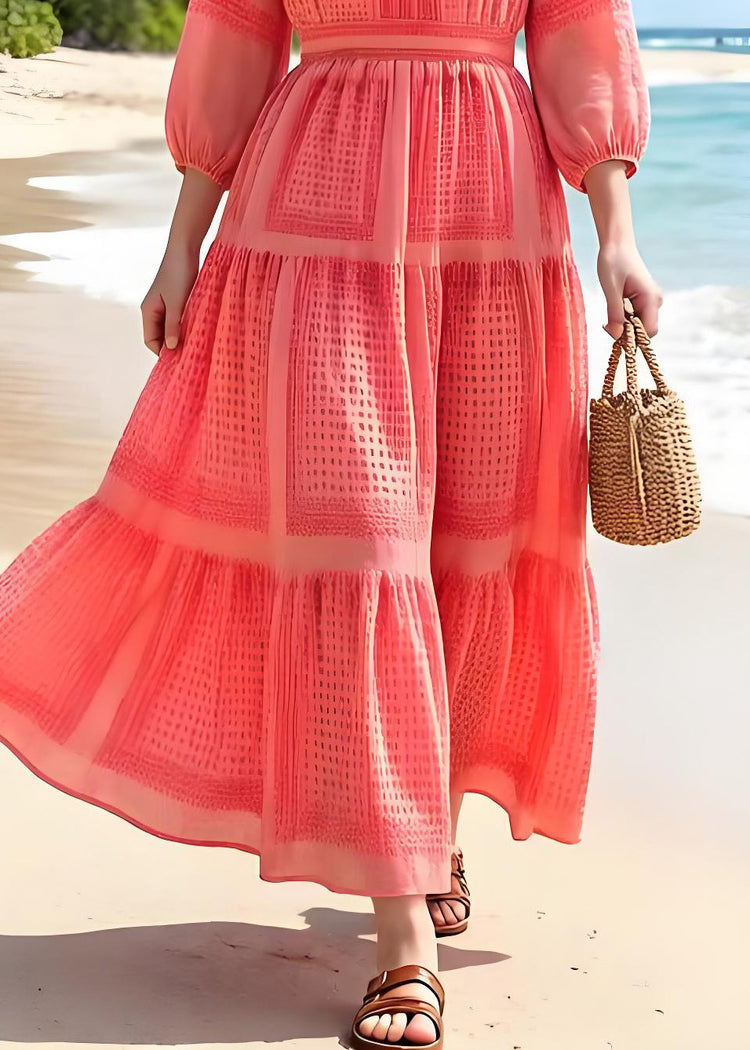 Holiday Style Orange V Neck Ruffled Print Chiffon Dress Summer - Omychic