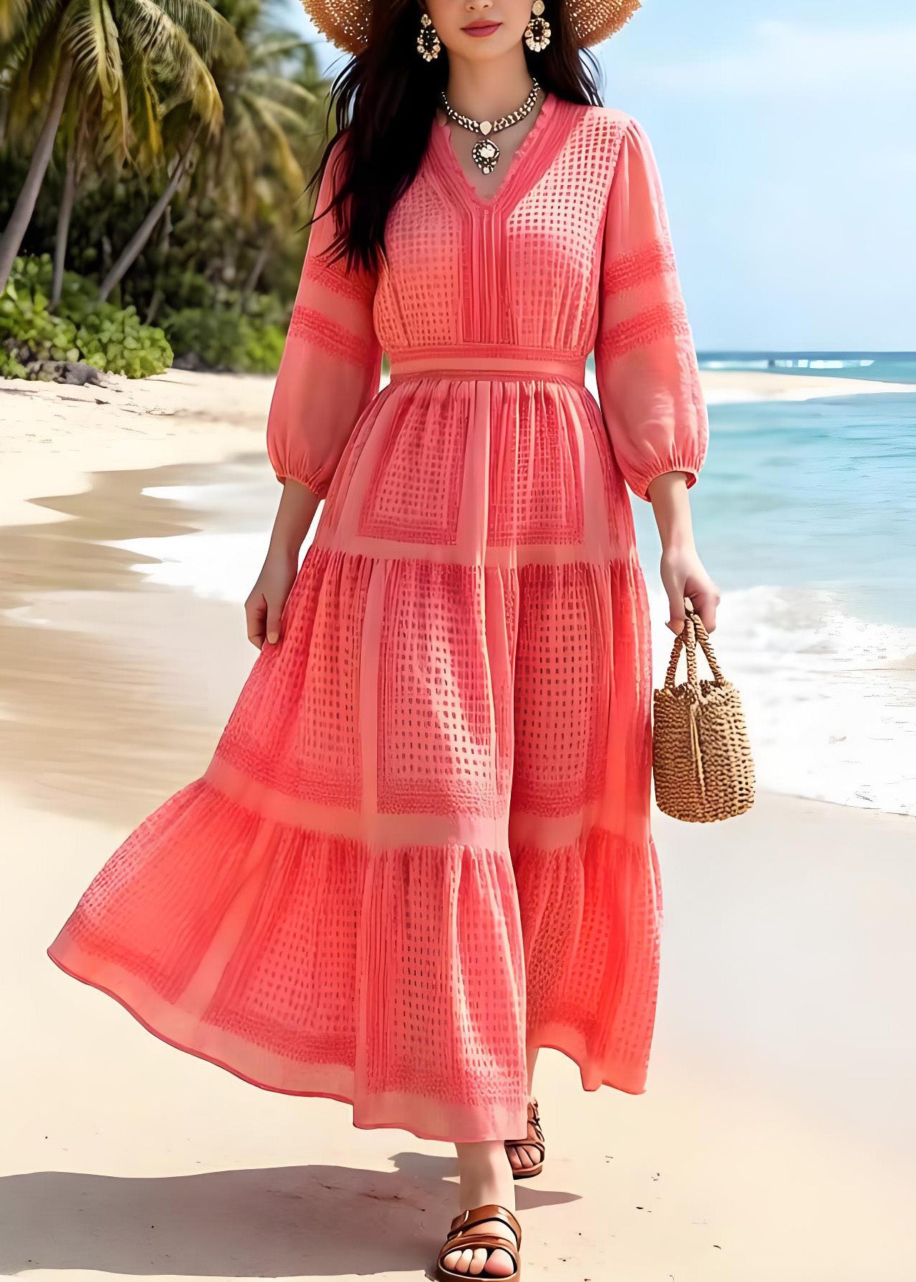 Holiday Style Orange V Neck Ruffled Print Chiffon Dress Summer - Omychic