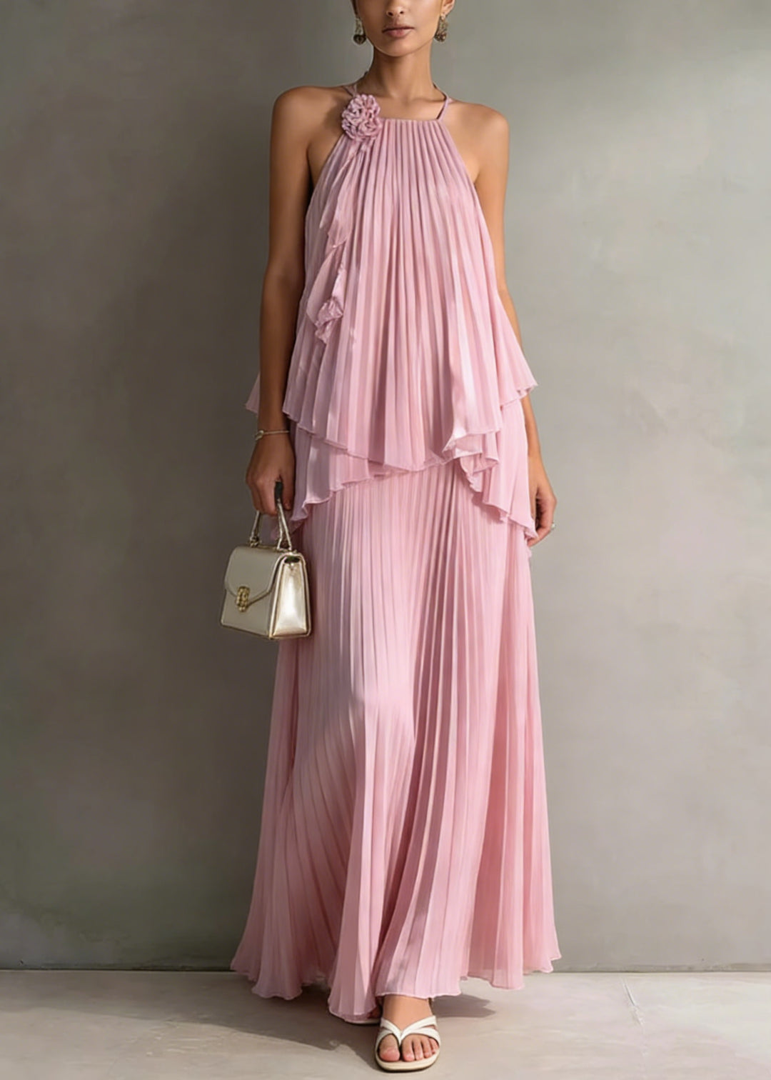 Holiday Style Pink Pleated Top And Skirts Chiffon Two Pieces Set Summer - Omychic