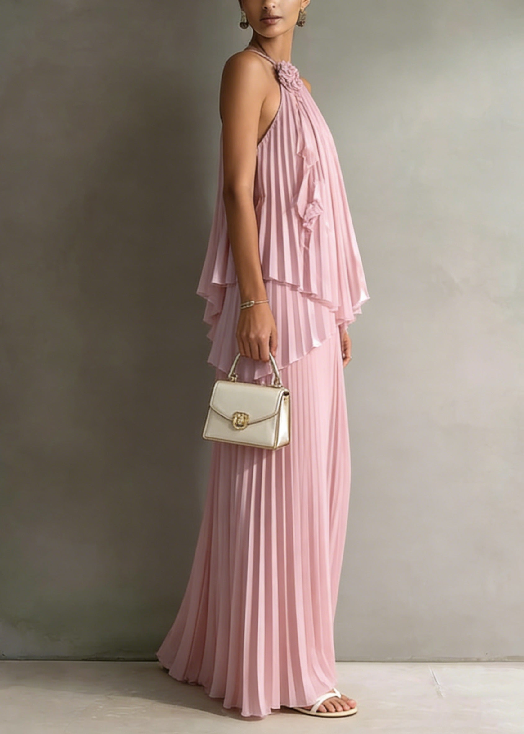 Holiday Style Pink Pleated Top And Skirts Chiffon Two Pieces Set Summer - Omychic