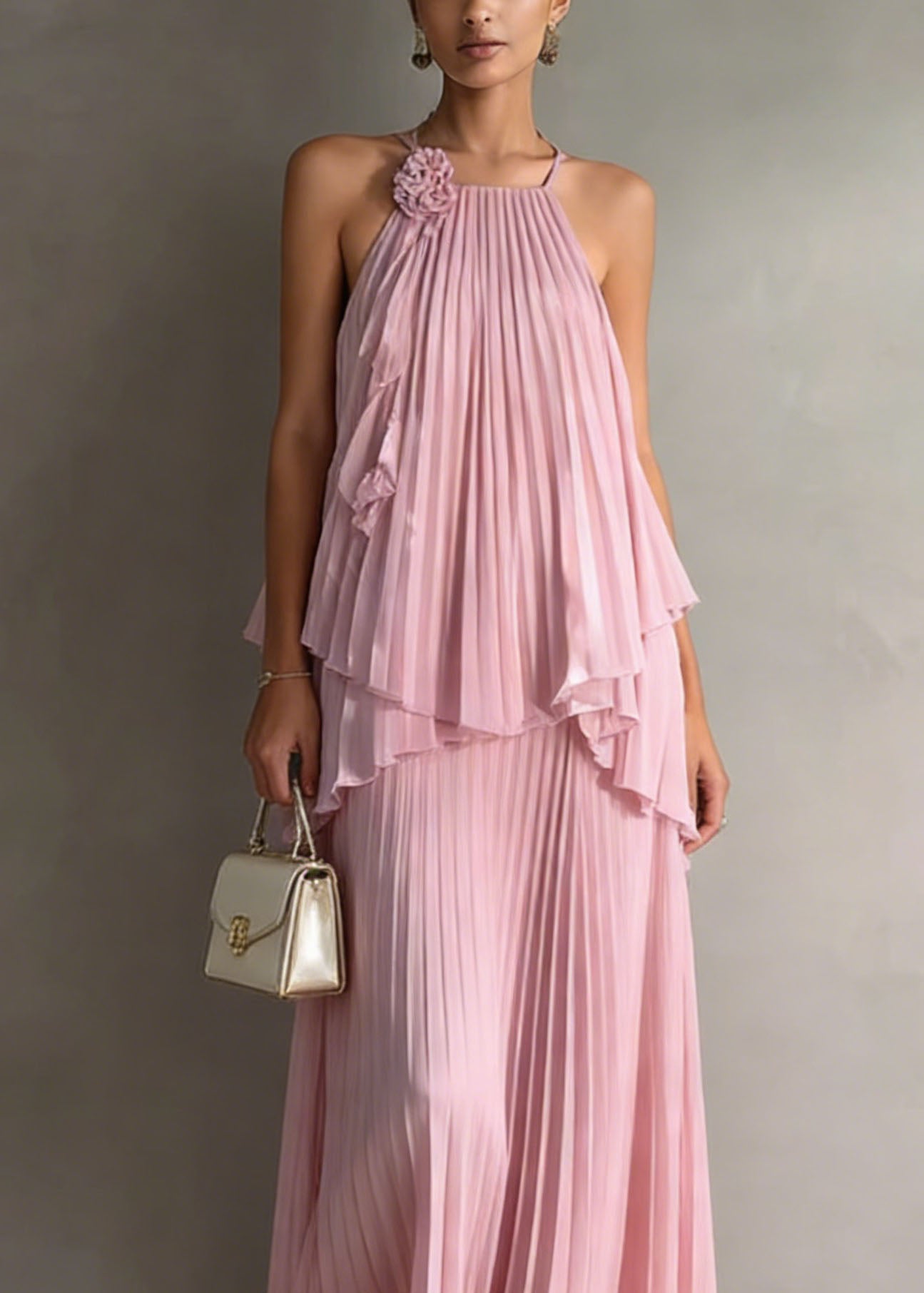 Holiday Style Pink Pleated Top And Skirts Chiffon Two Pieces Set Summer - Omychic