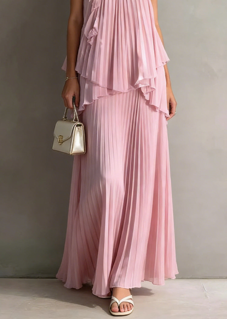 Holiday Style Pink Pleated Top And Skirts Chiffon Two Pieces Set Summer - Omychic