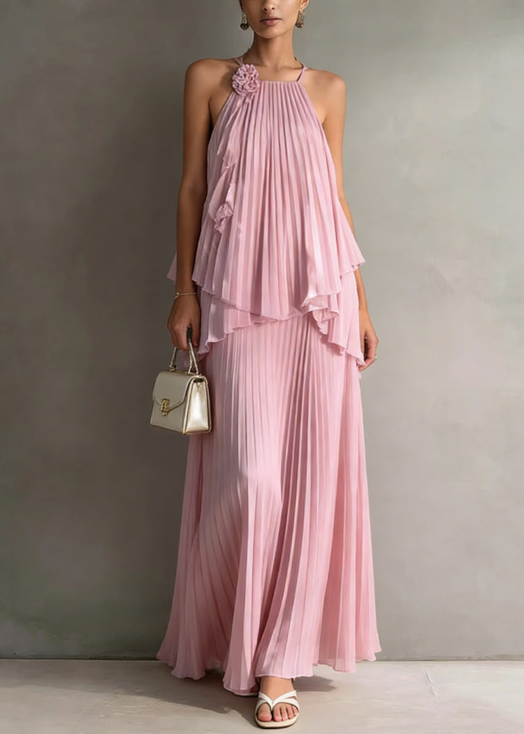 Holiday Style Pink Pleated Top And Skirts Chiffon Two Pieces Set Summer - Omychic