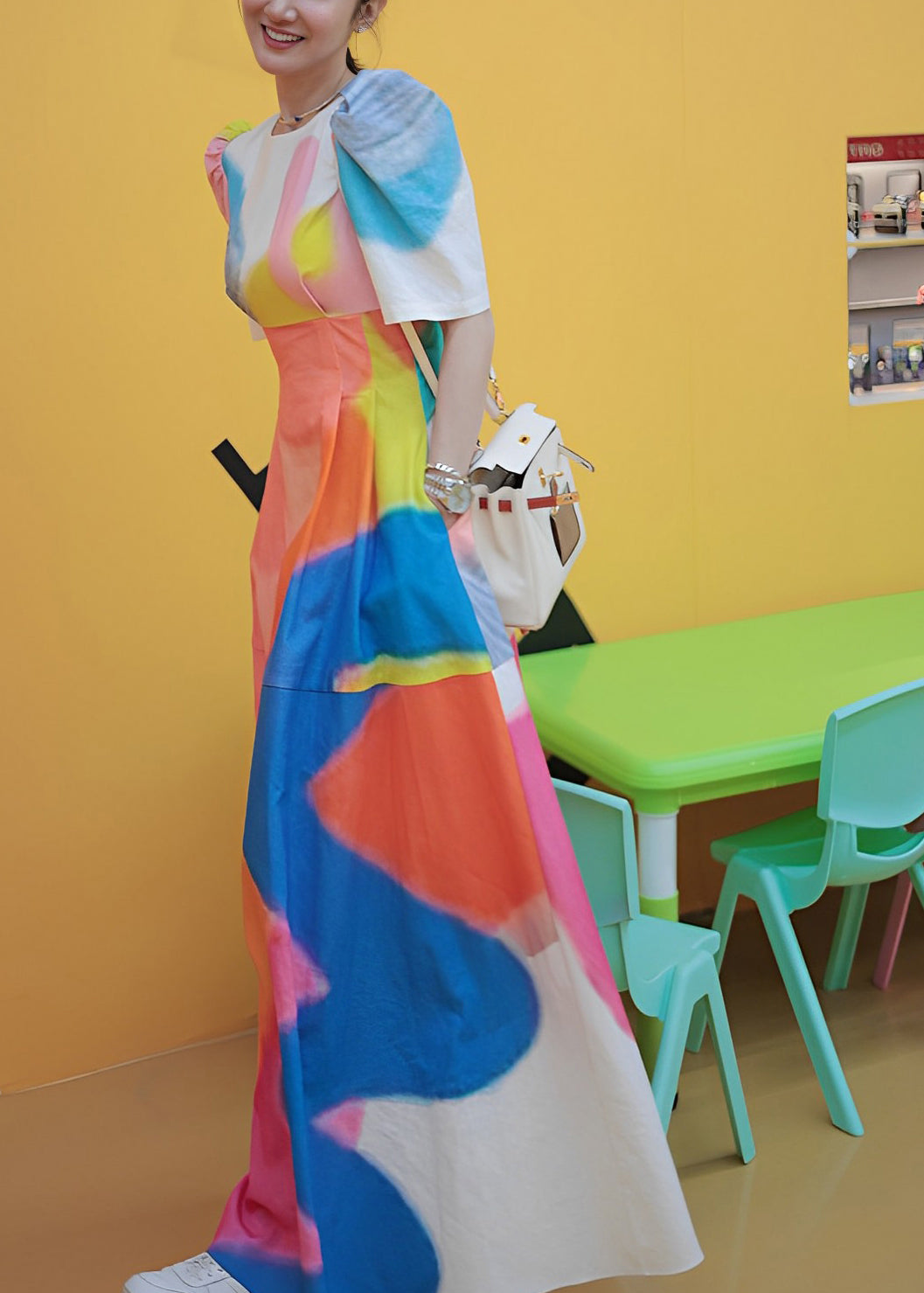 Holiday Style Printed Patchwork Bubble Sleeve Dress