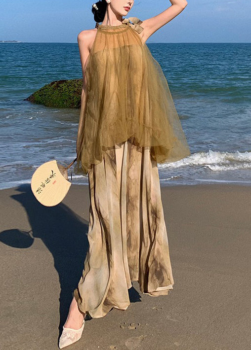Holiday Style Tie Dyed Mesh Patchwork Fake Two Chiffon Long Dresses