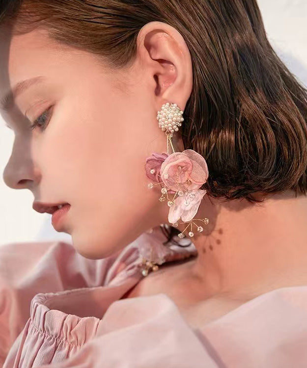 Holiday Style Tulle Flower Pearl Stud Earrings