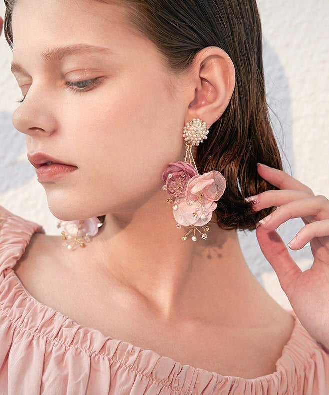 Holiday Style Tulle Flower Pearl Stud Earrings