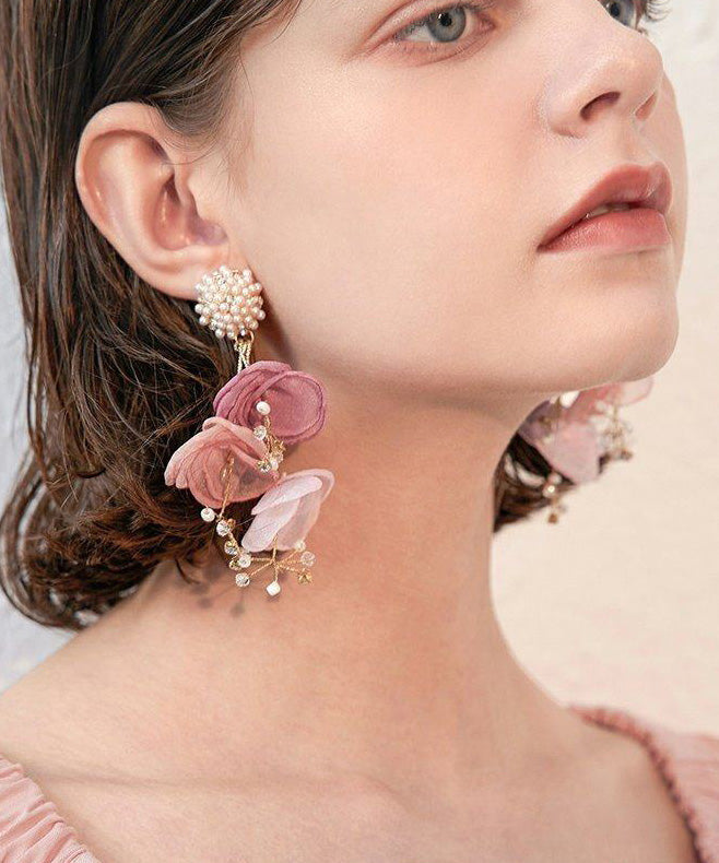 Holiday Style Tulle Flower Pearl Stud Earrings