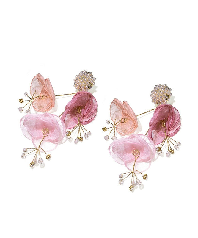 Holiday Style Tulle Flower Pearl Stud Earrings