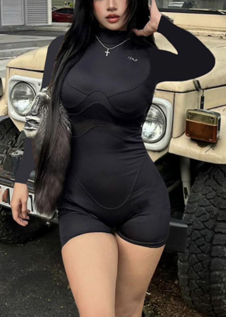 Hot Black Stand Collar Mesh Patchwork Bodysuit