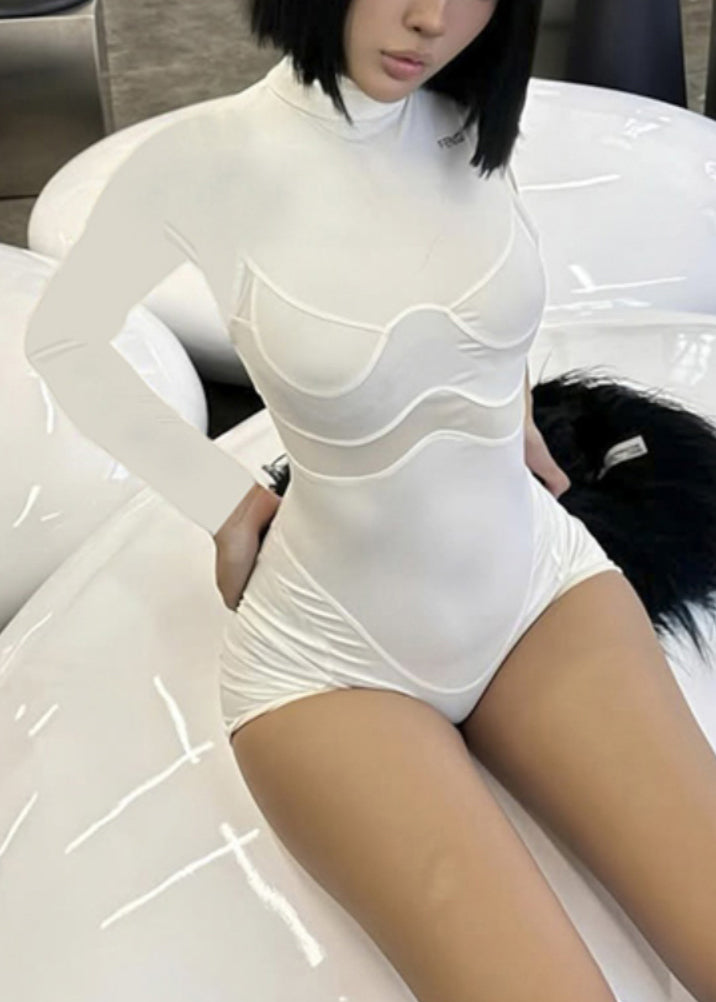 Hot Black Stand Collar Mesh Patchwork Bodysuit