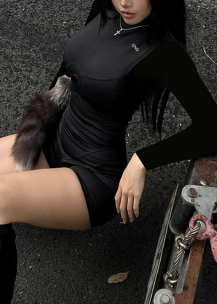 Hot Black Stand Collar Mesh Patchwork Bodysuit